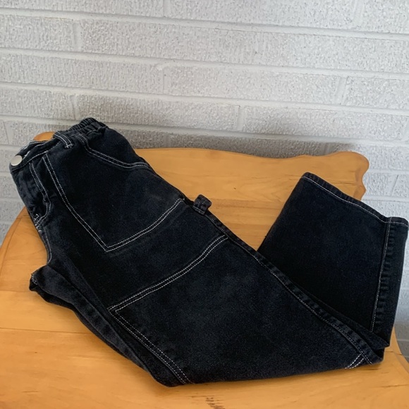 Kreamy Cargo Straight Leg Jeans Women Size S Elastic Waist Contrast Stitching - Picture 12 of 13